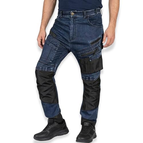 NEO TOOLS Robuste Jeans Arbeitshose - Strapazierfähige Bundhose für Herren aus Denim, 400 g/m² mit Kniepolstertaschen, Oxford-Verstärkungen & Stretch-Anteil