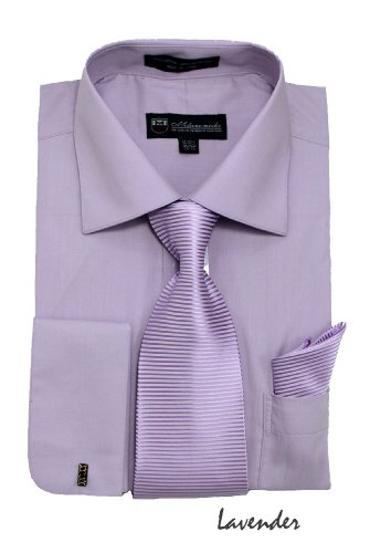 Milano Moda Solid Dress Shirt with Tie, Hankie & French Cuffs SG27-Liliac-18-18 1/2-34-35
