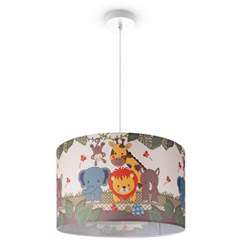 Paco Home Lámpara Suspensión Cuarto Infantil Pantalla Tela Selva Animales Chico Chica E27 Colores