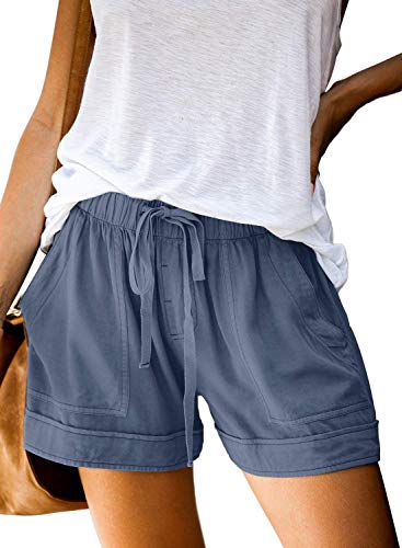 AROGONE Womens Ladies Summer Casual Comfy Drawstring Elastic Waist Shorts Loose Lightweight Pants with Pockets Solid Blue Large
