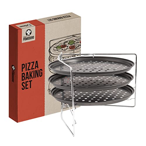 Set de Cocción de Pizzas Chef Pomodoro con 3 Moldes y Rejilla Para Pizza, Bandejas de Pizza Perforadas Antiadherentes, para Horno