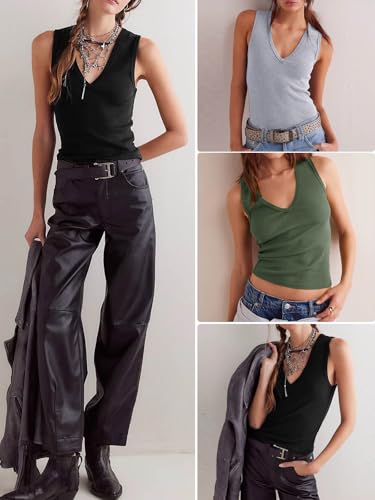 Imily Bela Womens Ribbed Tank Tops Summer Slim Fit V Neck Tops Casual Basic Knit Sleeveless Shirts Red — view 6