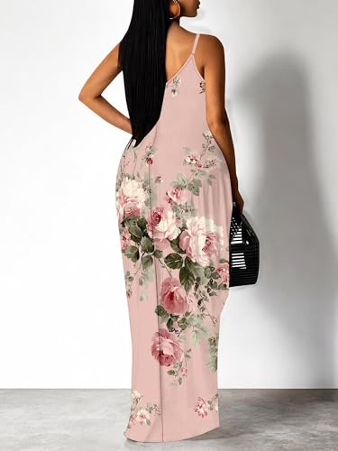 Image of Women Spaghetti Strap Maxi Dress with Pockets | Soft fabric relaxed fit sleeveless v neck with pockets for party and daily wear
