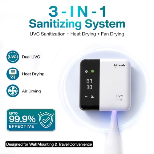 Image of Jetfresh UV Toothbrush Sanitizer Holder & Cleaner with LED Clock Display & Hot Air Drying - Wall-Mounted UV Tooth Brush Holder for Bathroom, Travel, Rechargeable Portable Design, Fits All Brushes