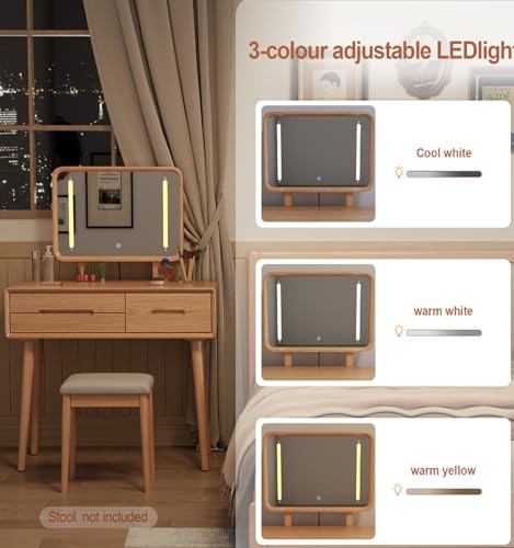 Image of Soild Wood Vanity Table 38 IN with Light Mirror High Adjustable, Make Up Desk Large Dressing Table 3 Lighting Modes, Makeup Vanity 3 Drawer Dresser Vanity Table Wooden for Checkroom Apartment Bedroom