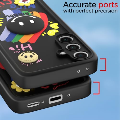 Image of Pikkme Back Cover for Samsung Galaxy S24 FE 5G | Soft Silicone| Cute Rainbow Smile & 3D Cartoon Flower Design | Shockproof Raised Camera Protection Bumper Case (Black)