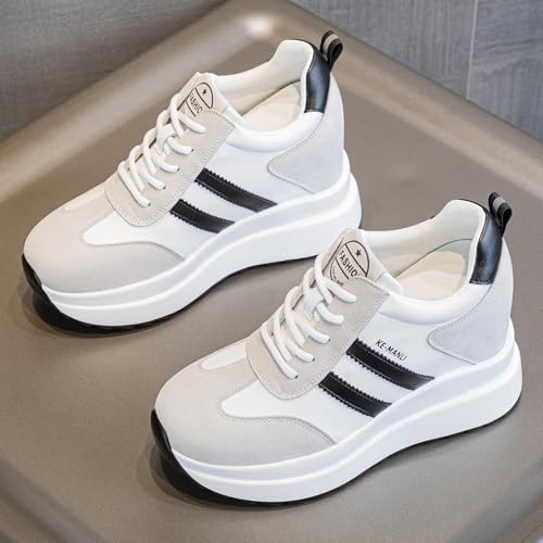 Image of AONEGOLD Platform Sneakers High Hidden Heel Sneakers for Women Wedge Leather Upper Fashion Lace up Increasing 3.94 inch