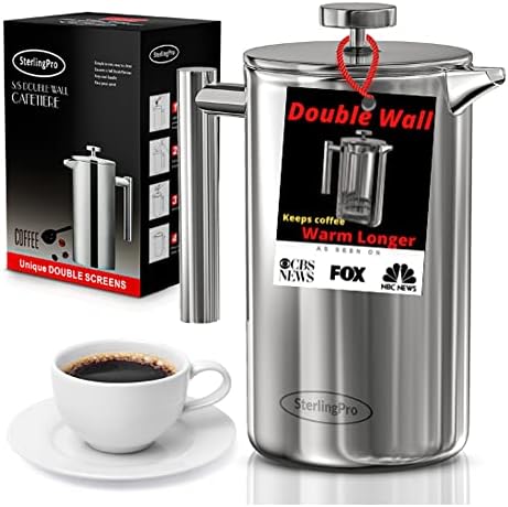 SterlingPro French Press Coffee Maker(1.75L)-Double Walled Large Coffee Press with 2 Free Filters-Enjoy Granule-Free Coffee Guaranteed, Stylish Rust Free Kitchen Accessory-Stainless Steel French Press