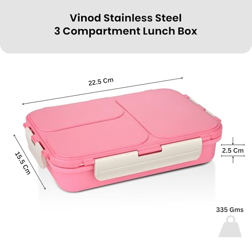 Image of Vinod GO-Tiffin Stainless Steel 3 Compartment Insulated Lunch Box | Pink | Leaf-Proof, Vacuum Sealed & Air Tight | Tiffin Box for Office, Kids & Adults | Freezer Safe | with Safety Lock