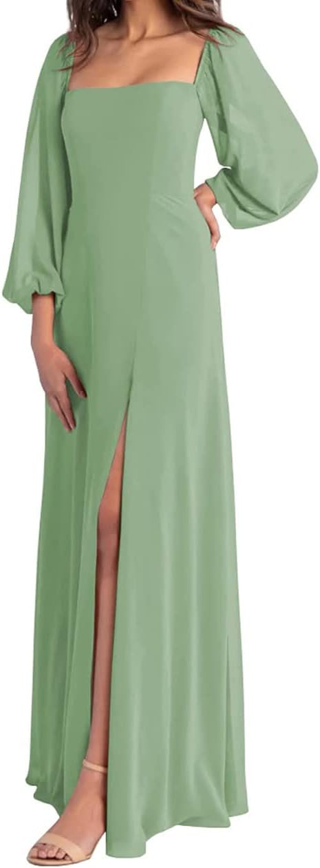 Square Neck Chiffon Long Sleeve Bridesmaid Dresses for Women Formal Evening Gowns Maxi Dress with Split