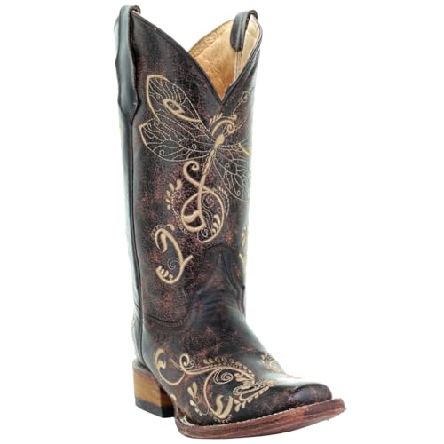 Corral Boots Women's Western 13.5in Shaft Dragonfly Distressed Brown/Bone Embroidered Square Toe Boots2