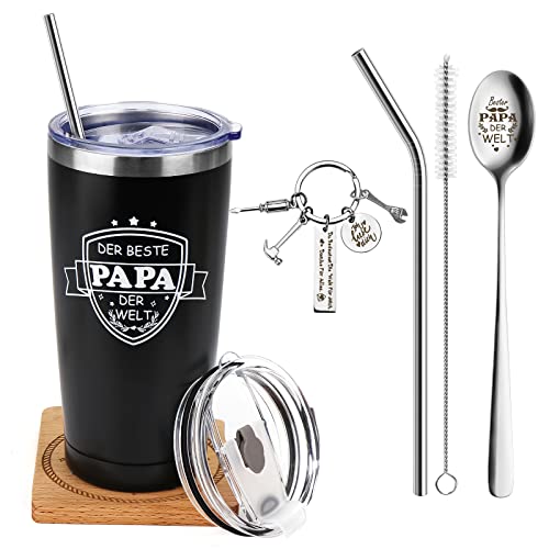 Hzdyopk Vatertagsgeschenk Geschenke für Papa Thermobecher Edelstahl mit Spruch 600ml mit Henkel Tasse Beste Papa der Welt Doppelwandig Kaffee Becher Geburtstagsgeschenk