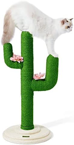 VETRESKA Premium Cactus Cat Scratching Post - 31.5 Inch | Durable Sisal Rope | Natural Wood Base | Fun and Functional Cat Tree Toy for Large Cats to Stretch and Scratch