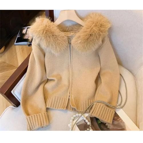 Women Double Zippers Fur-Collar Hooded Knit Cardigan Tops Slim Cropped Sweater Coats for Spring-Autumn2