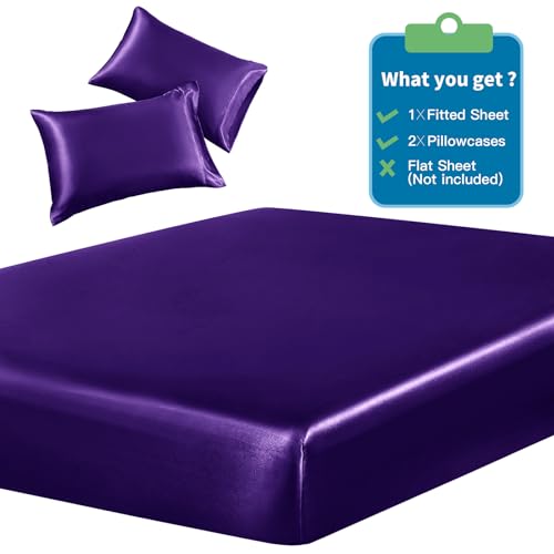 Image of SiinvdaBZX 3-Piece Set Satin Queen Fitted Sheet & 2 Pillowcase, Purple Silky Soft Fitted Bottom Sheet, Wrinkle Free, Fade Resistant, Deep Pocket Bed Sheet (Deep Up to 15 inch)