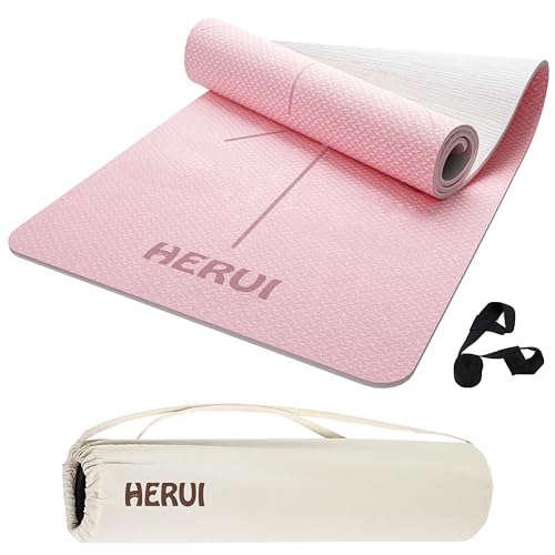 HERUI Yoga Mat Alignment Lines Anti-Slip Exercise Mat with Carrying Bag Fitness Mat for Pilates 183CM*61CM*6MM Thickness for Woman Man Beginners (Pink)