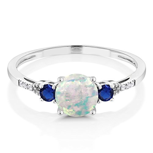 Gem Stone King 10K White Gold White Simulated Opal Blue Created Sapphire and Diamond Accent 3-Stone Engagement Ring For Women (0.51 Cttw, Round Cabochon 6MM, Gemstone October Birthstone)2
