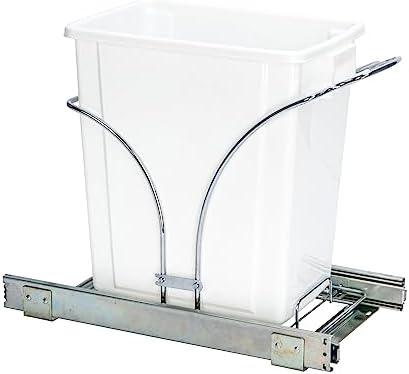 Household Essentials Glidez Chrome-Plated Steel Pull-Out/Slide-Out Discreet Single 5 Gallon Plastic Trash Can for Under Cabinet Use - Fits Standard Size Cabinet, Chrome and White
