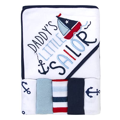 Image of Baby Hooded Bath Towel and Washcloth Set for Infants, Boys and Girls 6-12 Months (Daddy's Sailor)