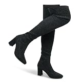 Hawkwell Women's Comfort Thigh High Boots Sexy Pointy-toe and High-heel Party Wedding Chunky Boots Shiny Dressy Over The Knee Boots,black PU,11 M US