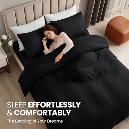 Image of Utopia Bedding Duvet Cover King with Fitted Sheet (78x80) - 2 Pillow Case King - All Season Luxury Bed in a Bag with Zippered Duvet Cover - No Comforter (Black)