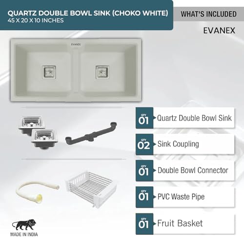 Image of EVANEX Quartz Kitchen Sink|Double Bowl Sink for Kitchen|Topmount /Undermount Kitchen Sinks|Choco-White Double Sink with Connector, Waste Pipe, Coupling and Drain Basket|45x20x9 Granite Kitchen Sinks