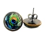 Peacock Feather Bronze Stud Earrings Post