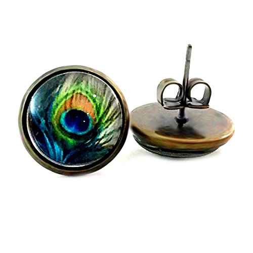 Peacock Feather Bronze Stud Earrings Post