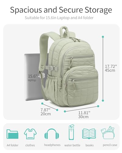 Image of Cute Laptop Backpack for Women, Quilted College Bookbag with Tumbler Holder Pocket for Nurse Teacher Work Travel, Puffer School Backpack for Teen Girls Big Student, Green