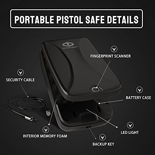 WINCENT Portable Gun Safe Quick Access Biometric Pistol Handgun Firearm Safe Smart Lock Box with Fingerprints & Key for Car Travel