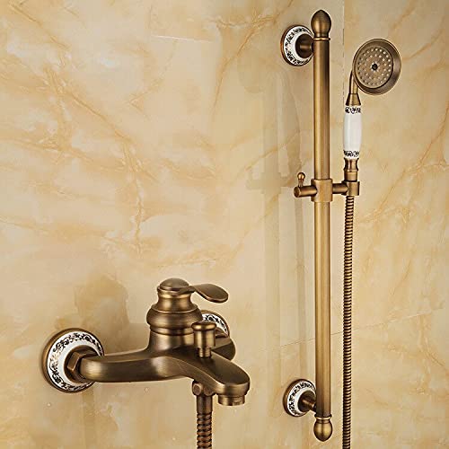 Robinet de bain-douche avec barre coulissante et porte-savon en bronze antique effet pluie