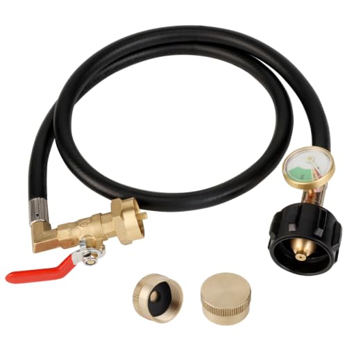 Image of PLUMBINGMASTER Propane Refill Adapter for 1 lb Tanks, 3FT Rubber Hose with Pressure Gauge & ON/Off Valve, Fill 1LB Bottles from 20LB Cylinder, 2 Caps (QCC1/Type1 Inlet)