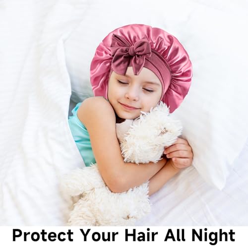 Kids Satin & Silk Hair Bonnet - Cute Pattern, Soft, Elastic Wide Band (Pink & Black)3