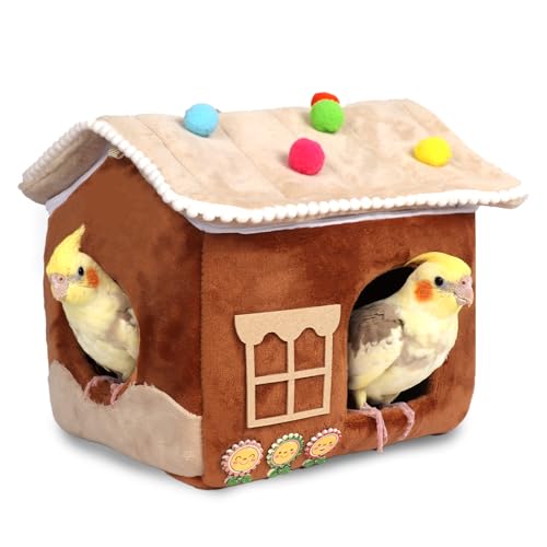 Bird Bed for Cage & Parakeet Nest - Winter Warm Plush Cotton Hanging Hammock, Dual Use Hideaway for Cockatiels, Budgies(Beige)