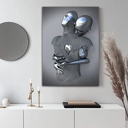 Framed Black And White Picture Poster Prints Love Heart 3D Black Canvas Wall Art Decor Metal Sculpture Effect Modern Paintings For Wall Gray-3D Abstract Hug Wall Decor For Living Room Bedroom(C) #TOP3