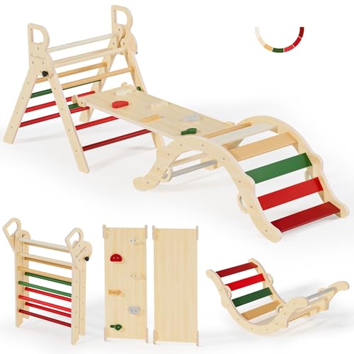 BlueWood Pikler Triangle Set, Toddler Wooden Climbing Toys Indoor 7in1 Foldable Climber for Kids, Montessori Philosophy Play Jungle Gym with Arch, Ramp, Ladder (Warm Winter Christmas)