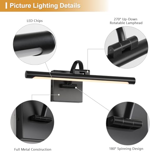 Image of DESOOP Black Picture Lights for Wall Dimmable Art Lights for Paintings Hard-Wired LED Painting Light Gallery Light for Portrait, Artwork, Frame 15.75 Inch 7W Warm White (Pack of 2)