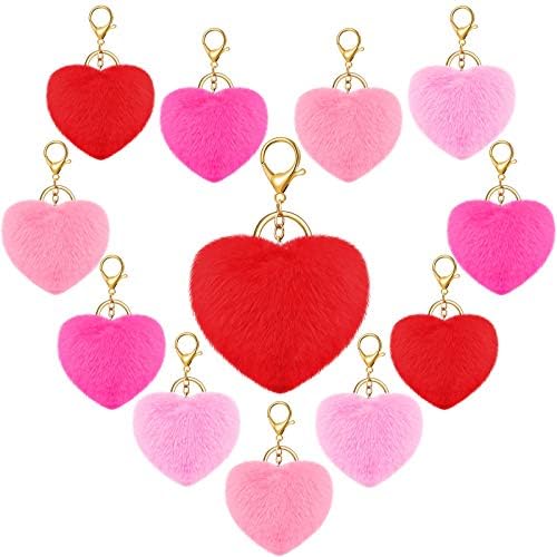 Hicarer 12 Pieces Valentine's Day Heart Shaped Pom Poms Keychains...