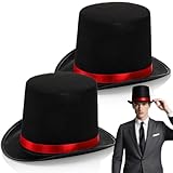 Pumtus 2 Pack Black Felt Top Hats, Funny Party Hat with Red Band, Tuxedo Vampire Formal Hats, Victorian Costume Hat, Butler Top Hat for Cosplay Halloween, Unisex