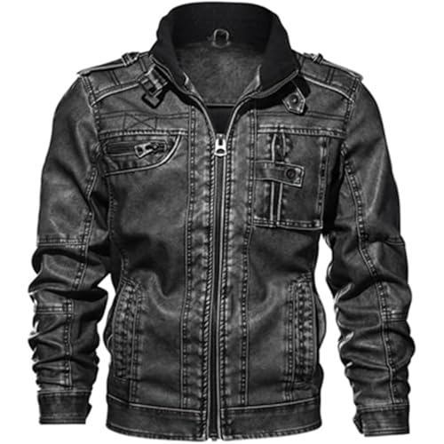 JEShifangjiusu Men's Vintage Military Style Faux Leather Jackets Stand Collar Motor Jacket Solid Leather Coat with Pockets