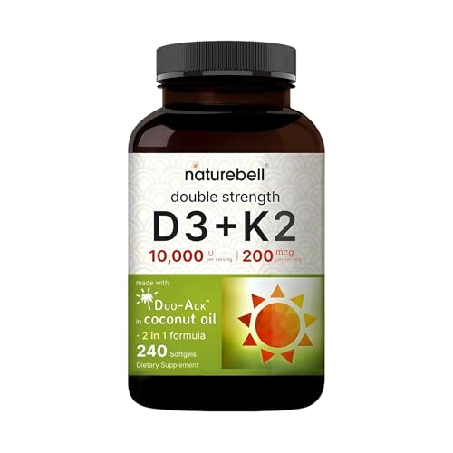 NatureBell Vitamin Double Strength D3 + K2-240 Softgels - 10,000 IU Vitamin D & 200mcg K2 - Bone Strength, Immune Function & Calcium Absorption Suppor