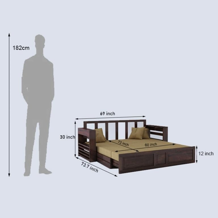 Image of Solid Sheesham Wood Sofa Cum Bed 2 Seater | Wooden Foldable Double Bed for Living Room with Headboard & Storage | Bed Cum Sofa with Mattress for Home | Dalla Design (Walnut Finish)