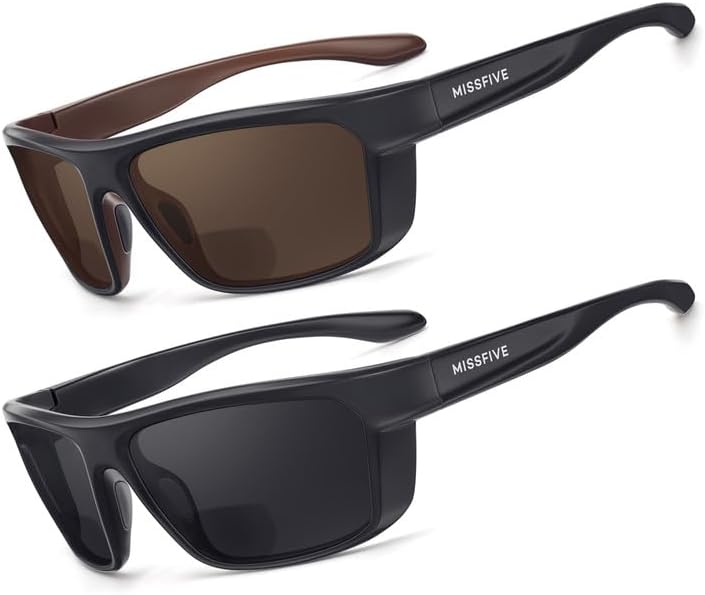Missfive 2 Pack Premium Bifocal Reading Sunglasses for Men Lightweight TR90 Frame Wrap Sports Sun Reader, UV Protection, Fishing/Driving, 1.5x