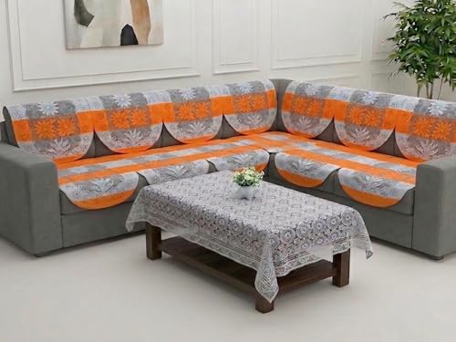 Image of Fab Nation Cotton L Shape Sofa Covers for 5 Seater Sofa Set | Sofa Slipcovers for 3 + 2 Seaters Cover with 1 Table Cover | Orange & White