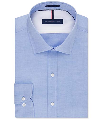 Tommy Hilfiger Men's Dress Shirt Slim Fit Non Iron Solid, Blue, 16' Neck 32'-33' Sleeve