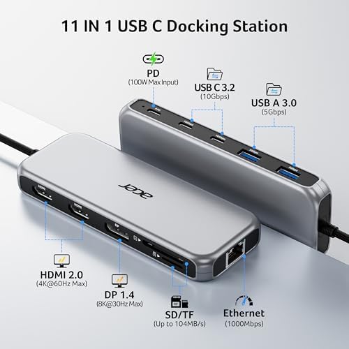 Acer Laptop Docking Station 3 Monitors, 11-in-1 USB C Docking Station with 8K DP, HDMI 4K@60Hz, 10Gbps Data, 1 Gbps Ethernet Hub, 100W Power Delivery, SD/TF, USB C Hub Multiport Adapter for Laptop