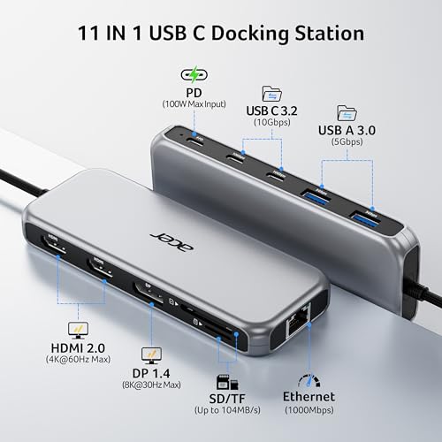 Acer Laptop Docking Station 3 Monitors, 11-in-1 USB C Docking Station with 8K DP, HDMI 4K@60Hz, 10Gbps Data, 1 Gbps Ethernet Hub, 100W Power Delivery, SD/TF, USB C Hub Multiport Adapter for Laptop — view 2