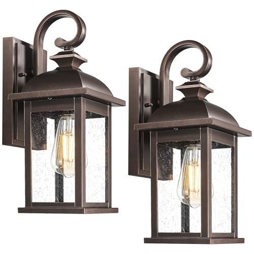 Image of FEMILA 2-Pack Outdoor Wall Sconce Lights Oil Rubbed Bronze, 15 inch Exterior Outdoor Light Fixtures Wall Mount with Seeded Glass, for Front Porch Patio Garage, 4FD54B-2PK ORB