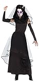 Schwarzes 3-teiliges Day of the Dead Damen Faschingskostüm bestehend aus langem Kleid mit Tüll + Rosen verziert inkl. Schleier + lange fingerlose Handschuhe.
