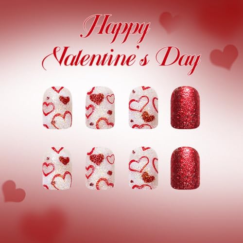 Image of Red Glitter Press on Nails Heart Fake Nails with Design Short Square Glue on Nail Glossy Full Cover Valenmtine's Day Stick on Nail for Women Manicure 24Pcs